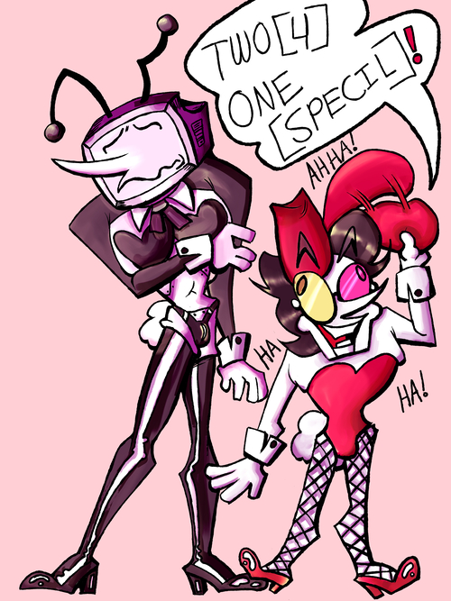 Spamton and Tenna in Playboy bunny suits.